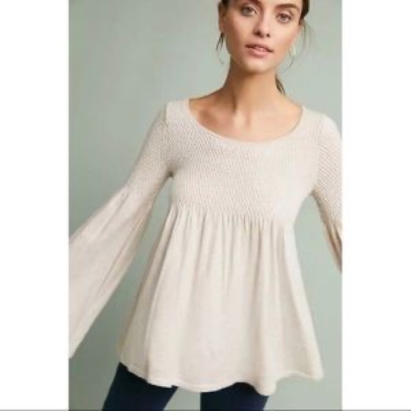 Anthro Knitted & Knotted Oatmeal Wool Blend Balloon Sleeve Babydoll Sweater Top - Picture 6 of 13
